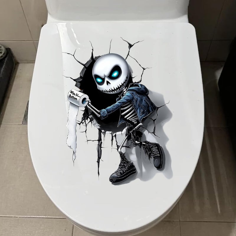 Iprokiu Funny Crack Skull Toilet Decal Self-Adhesive Halloween Decoration Skeleton Toilet Seat Cover Decal Waterproof Cartoon Sticker for Washroom Decoration (Skull) - Image 5